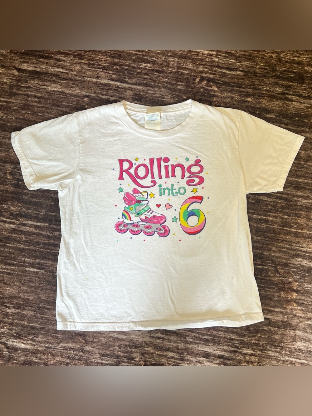 **Birthday shirt**Rolling Into “6” White Kids Tee